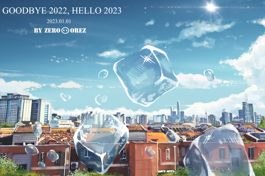 2023 absurdres artist_name blue_sky building city cityscape clouds commentary dated day english_commentary english_text floating floating_object highres ice ice_cube new_year no_humans original outdoors real_world_location realistic scenery shanghai sky skyline skyscraper sun water_drop zeroorez