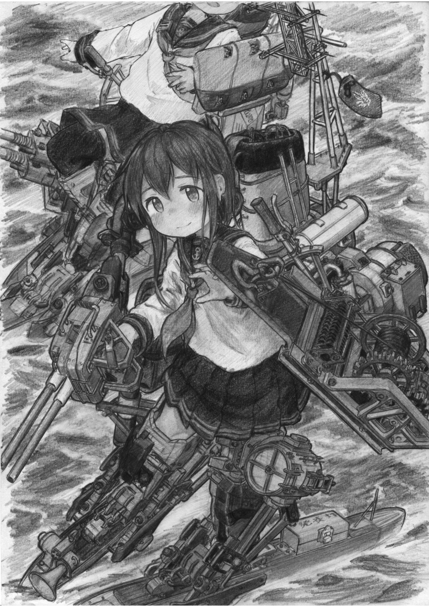 2girls adapted_turret anchor_symbol character_request graphite_(medium) greyscale highres inazuma_(kancolle) irokawara_naomitsu kantai_collection machinery monochrome multiple_girls pleated_skirt rigging sailor_collar school_uniform serafuku skirt smokestack standing standing_on_liquid traditional_media