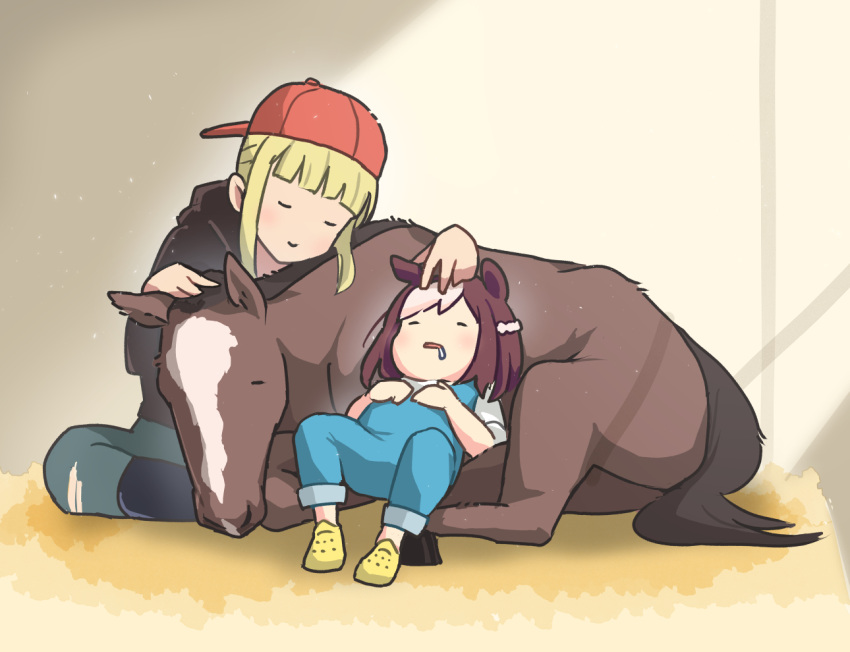 2girls aged_down animal_ears backwards_hat baseball_cap black_hoodie blonde_hair blue_overalls blunt_bangs braid brown_hair commentary_request creature_and_personification drooling french_braid hat hood hoodie horse horse_ears horse_girl multicolored_hair multiple_girls oishi_oiru overalls real_life red_headwear sidelocks sleeping special_week's_adoptive_mom special_week_(racehorse) special_week_(umamusume) two-tone_hair umamusume white_hair yellow_footwear