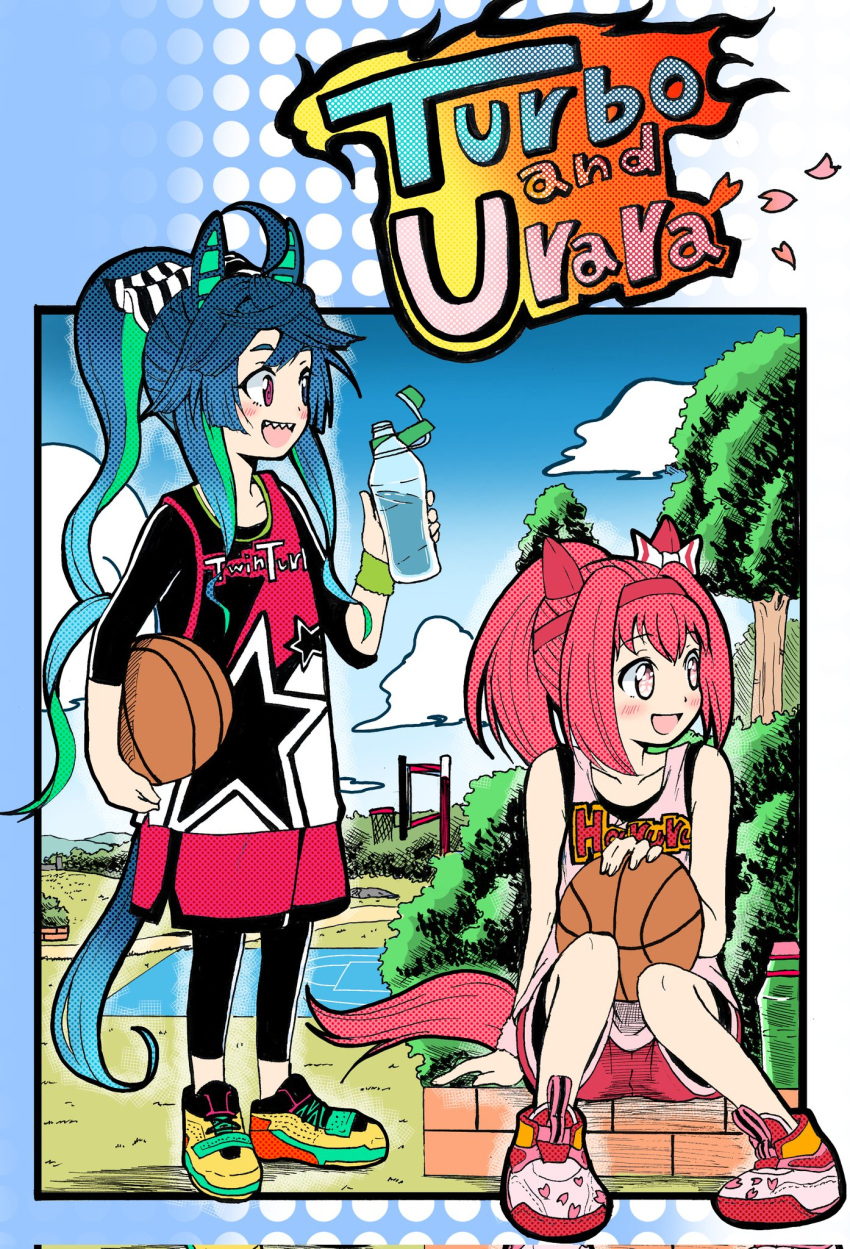 2girls animal_ears ball bare_arms bare_shoulders basketball_(object) black_leggings black_shirt blue_eyes blue_hair blue_sky bottle bow carrying carrying_under_arm character_name clouds commentary_request day ear_bow emapippi green_hair hairband haru_urara_(umamusume) heterochromia highres holding holding_ball holding_bottle horse_ears horse_girl horse_tail leggings long_sleeves multicolored_hair multiple_girls petals pink_eyes pink_hair pink_tank_top ponytail red_eyes red_hairband red_shorts shirt shoes short_shorts shorts sky sweatband tail tank_top tree twin_turbo_(umamusume) two-tone_hair umamusume water_bottle white_bow white_footwear wristband yellow_footwear