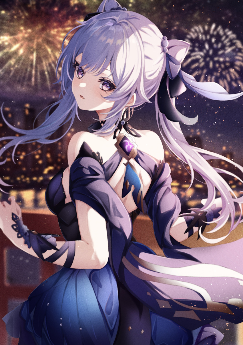 1girl absurdres aerial_fireworks back bare_shoulders blurry blurry_background cityscape commentary cone_hair_bun cowboy_shot double-parted_bangs double_bun eyelashes fireworks from_behind genshin_impact hair_between_eyes hair_bun half_updo head_tilt highres keqing_(genshin_impact) keqing_(opulent_splendor)_(genshin_impact) light_blush light_particles light_purple_hair long_hair looking_at_viewer looking_back night open_mouth parted_lips purple_hair sa-ya2 sidelocks smile solo standing twintails violet_eyes vision_(genshin_impact)