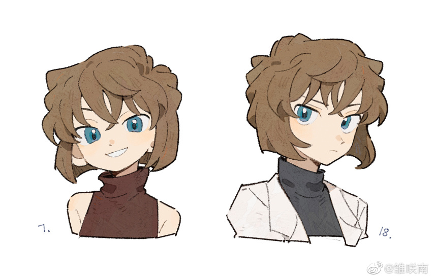 1girl age_progression bare_shoulders before_and_after blue_eyes brown_hair cropped_torso female_child haibara_ai hair_between_eyes head_tilt lab_coat looking_at_viewer meitantei_conan minamip short_hair sideways_glance smile smug spoilers