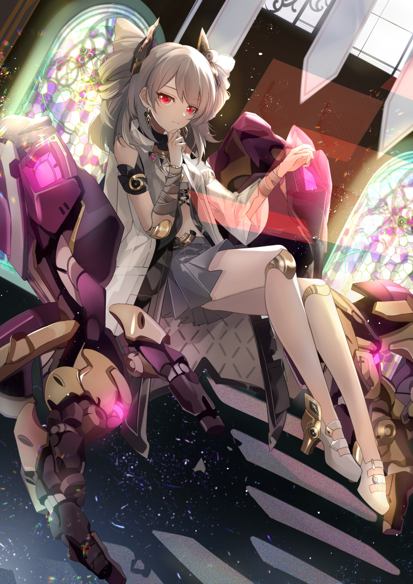 1girl absurdres bandaged_arm bandages banner closed_mouth coat earrings expressionless full_body grey_hair grey_shirt grey_skirt hair_ornament hand_on_own_chin high_heels highres honkai_(series) honkai_impact_3rd jewelry joints looking_at_viewer open_clothes open_coat prometheus_(honkai_impact) red_eyes robot_joints shirt skirt solo stained_glass white_coat white_footwear wujingzhiju