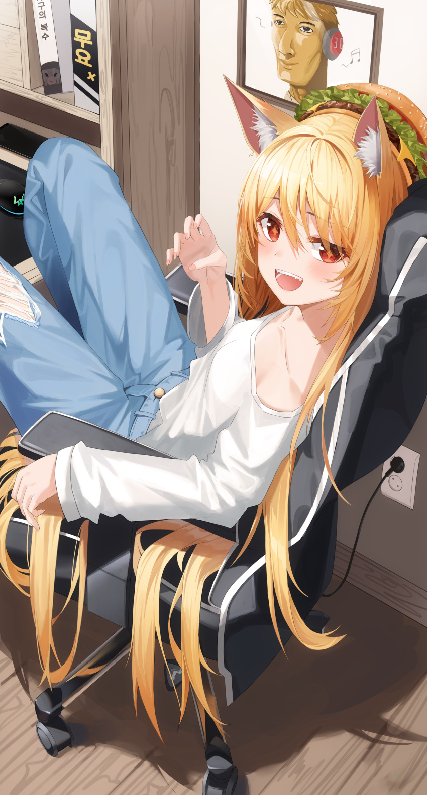 +_+ 1girl :d absurdres animal_ear_fluff animal_ears blush breasts burger_hat chair collarbone commentary denim double-parted_bangs eyelashes eyes_visible_through_hair fang fingernails fox_ears fox_girl gaming_chair hair_between_eyes hair_spread_out hand_up highres idol indoors jeans jingburger k.j. knees_up leaning_back long_hair long_sleeves looking_at_viewer on_chair open_mouth orange_hair pants paw_pose red_eyes romaji_commentary shirt sidelocks sitting small_breasts smile solo straight_hair swivel_chair teeth very_long_hair virtual_youtuber waktaverse white_shirt wide_sleeves