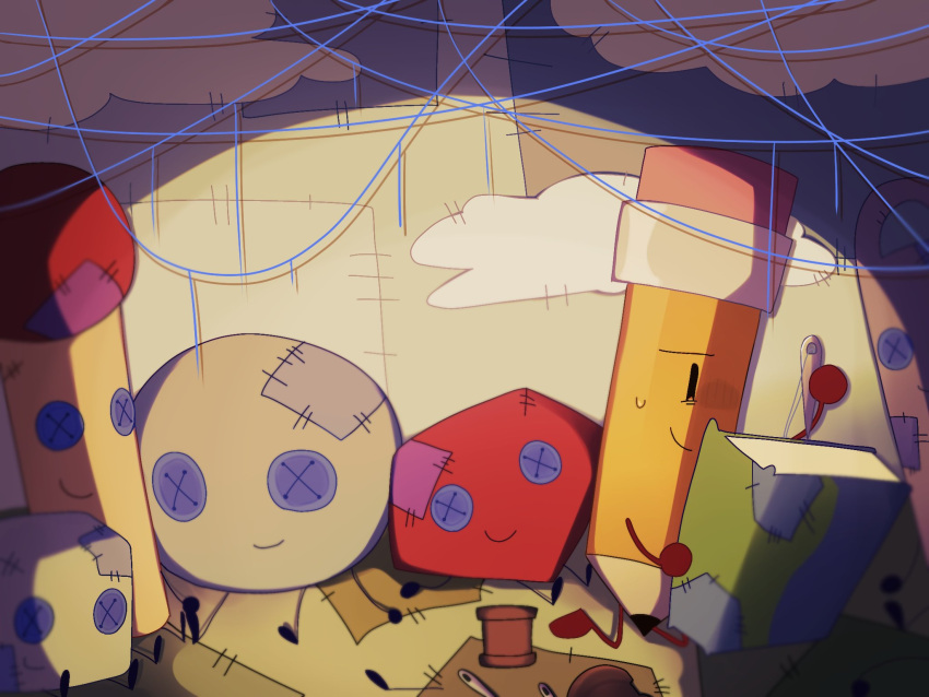 1girl battle_for_dream_island book_(bfdi) bubble_(bfdi) button_eyes buttons doll highres holding holding_stuffed_toy ice_cube_(bfdi) match_(bfdi) needle patch pencil_(bfdi) ruby_(bfdi) sewing sewing_needle spool stuffed_toy sweat thread yeonpil236862