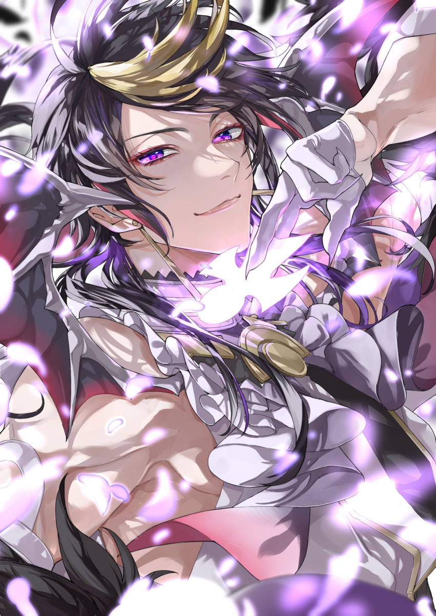 1boy bare_shoulders bishounen blonde_hair brown_hair closed_mouth colored_inner_hair earrings eyeshadow feather_boa fingernails frilled_shirt frills gloves hand_up highres jewelry long_hair looking_at_viewer makeup male_focus multicolored_hair nijisanji nijisanji_en pink_eyeshadow purple_hair sharp_fingernails shirt shu_yamino sleeveless sleeveless_shirt smile solo streaked_hair upper_body usukuchi_(hagi) violet_eyes virtual_youtuber white_background white_gloves wings
