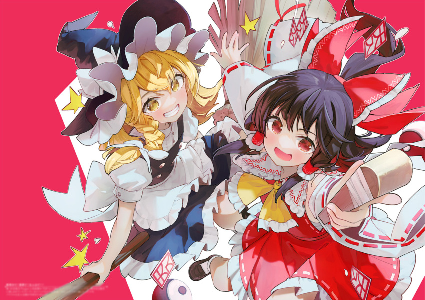 2girls \||/ apron arms_at_sides ascot black_hair black_headwear black_skirt black_vest blonde_hair blush bow braid broom broom_riding brown_eyes dress frilled_apron frilled_shirt_collar frilled_skirt frills from_above grin hair_bow hakurei_reimu hat holding kirisame_marisa loafers long_hair looking_at_viewer multiple_girls no_pupils ofuda orb outstretched_arms ponytail puffy_short_sleeves puffy_sleeves red_bow red_dress red_eyes sarashi shoes short_sleeves side_braid single_braid skirt smile socks syuri22 touhou vest waist_apron white_bow white_socks wide_sleeves witch_hat yellow_ascot yellow_eyes yin_yang yin_yang_orb