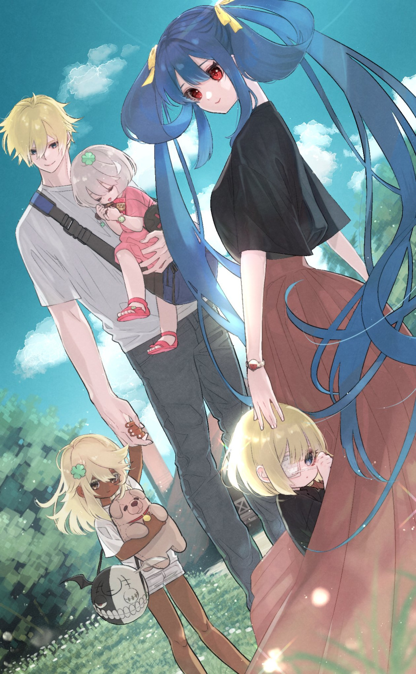 2boys 2tsubu 3girls aged_down ahoge baby baby_carrier baby_carry babywearing bag blonde_hair blue_sky blush bow carrying child clouds clover dark-skinned_female dark_skin dizzy_(guilty_gear) dress elphelt_valentine eyepatch family father_and_daughter female_child four-leaf_clover grey_hair guilty_gear hair_between_eyes hair_bow hair_rings highres holding_hands husband_and_wife ky_kiske long_hair lucifero_(guilty_gear) magehound male_child mature_female mature_male mother_and_son multiple_boys multiple_girls ramlethal_valentine red_eyes short_hair siblings sidelocks sin_kiske sisters sky smile standing stuffed_animal stuffed_dog stuffed_toy toy_gun twintails watch watch yellow_bow