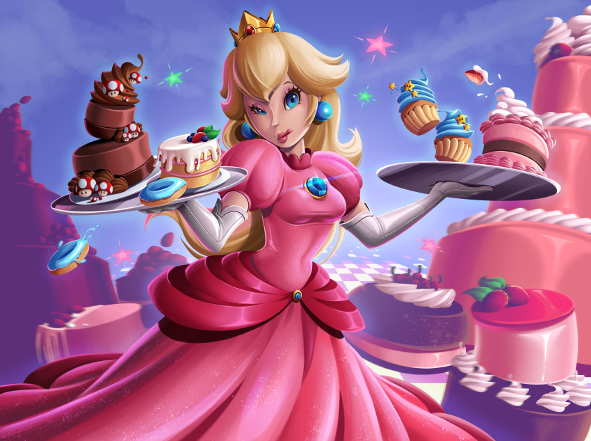 absurdres berry blonde_hair blue_background blue_eyes breasts cake cherry chocolate chocolate_cake crown cupcake doughnut dress earrings elbow_gloves european_clothes food food_focus fruit gloves highres holding holding_tray jewelry lipstick long_dress makeup medium_breasts one_eye_closed pink_dress princess_peach smile sofie-spangenberg starman_(mario) strawberry super_mario_bros. super_mushroom tongue tongue_out tray white_gloves