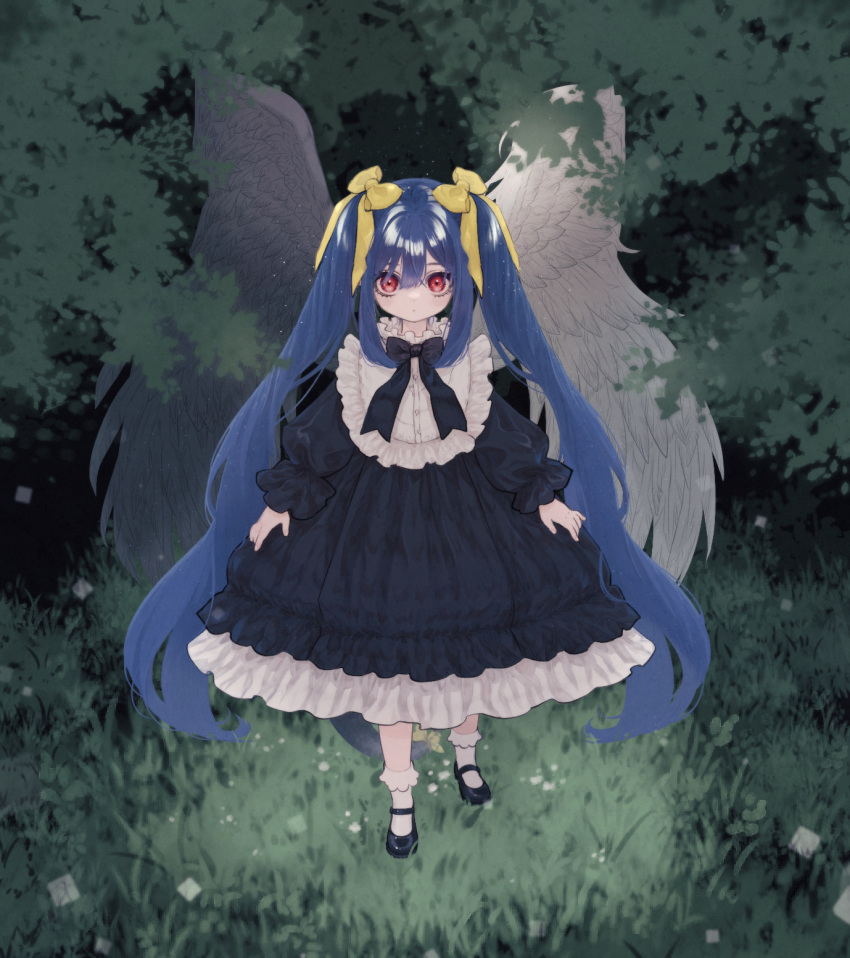 1girl 2tsubu aged_down angel_wings asymmetrical_wings black_bow black_dress blue_hair bow child collar dizzy_(guilty_gear) dress feathered_wings female_child frilled_collar frilled_dress frilled_skirt frills full_body grass guilty_gear hair_bow highres long_hair looking_at_viewer monster_girl nature puffy_short_sleeves puffy_sleeves red_eyes ribbon short_sleeves sidelocks skirt solo tail tail_ornament tail_ribbon twintails wings yellow_bow
