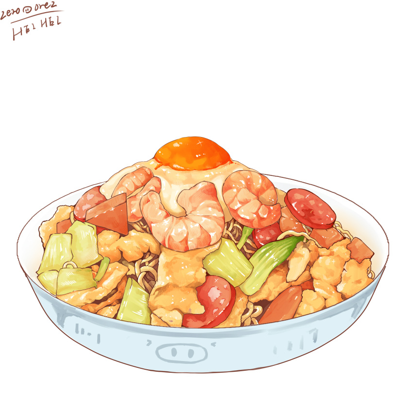 absurdres artist_name bowl commentary english_commentary food food_focus highres no_humans noodles original realistic shrimp signature simple_background still_life white_background zeroorez