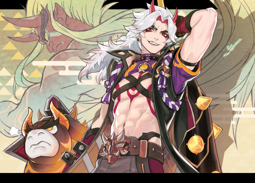 1boy =3 abs animal arataki_itto arm_up belt bodypaint clenched_teeth club_(weapon) cow facepaint genshin_impact highres holding holding_weapon horns japanese_clothes jewelry long_hair looking_at_viewer male_focus multicolored_hair neekosiah oni orange_eyes red_eyes red_horns redhead spiked_club teeth toned toned_male ushi_(genshin_impact) vision_(genshin_impact) weapon white_hair