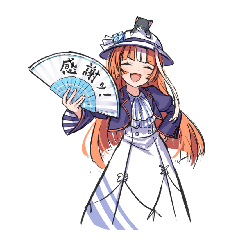 1girl akikawa_yayoi_(umamusume) animal_on_head blush bucket_hat cat closed_eyes cropped_jacket cropped_legs facing_viewer fang folding_fan hand_fan hand_on_own_hip hat high-waist_skirt highres holding holding_fan jabot katukodx long_hair long_sleeves multicolored_hair on_head open_mouth orange_hair simple_background skirt smile solo streaked_hair umamusume v-shaped_eyebrows white_background white_headwear white_skirt