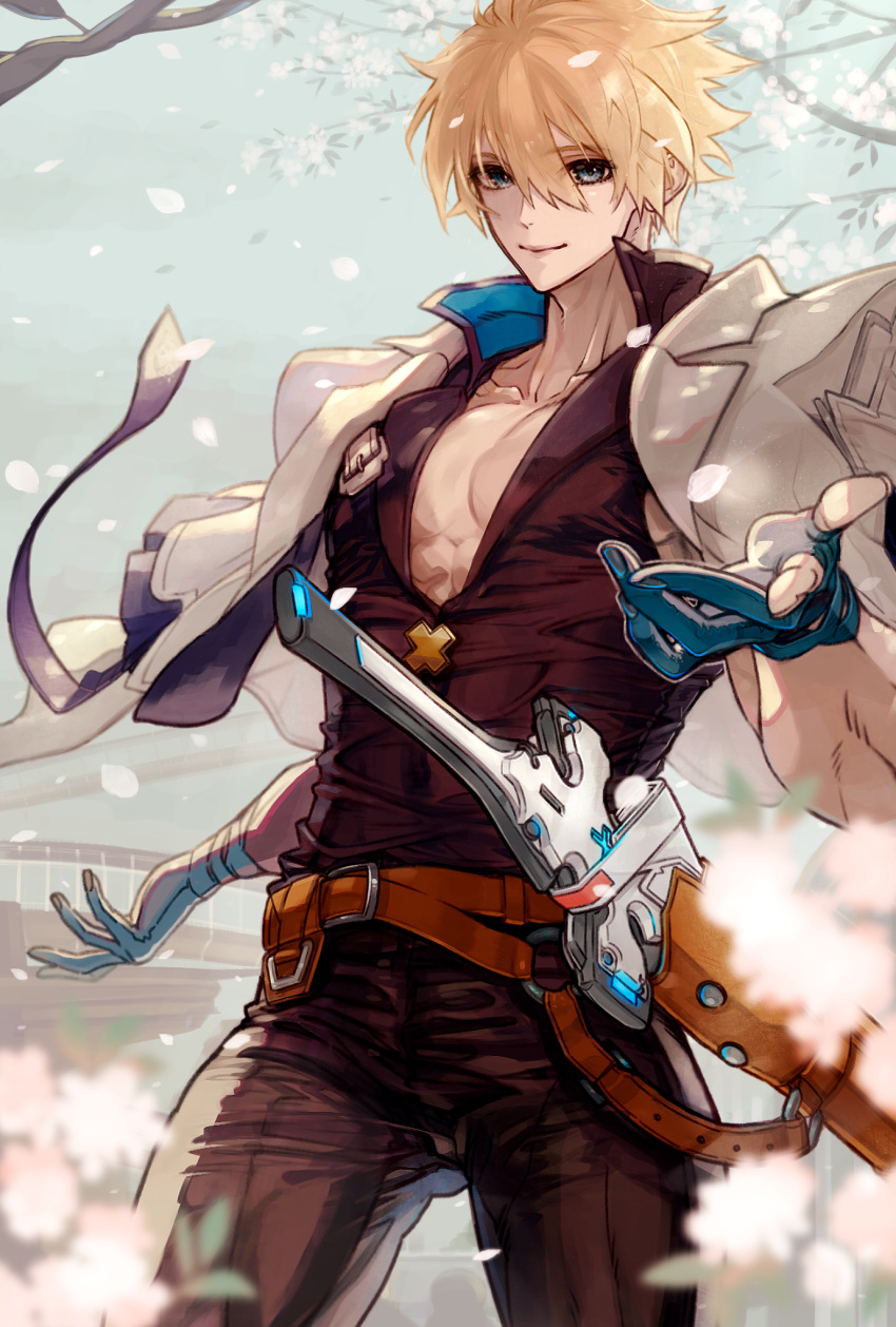 1boy 2tsubu belt black_pants black_shirt blonde_hair blue_eyes blue_gloves branch cherry_blossoms closed_mouth collarbone collared_shirt falling_petals fingerless_gloves flower gloves guilty_gear guilty_gear_strive highres holding jacket jacket_on_shoulders ky_kiske looking_at_viewer male_focus nature pants partially_fingerless_gloves pectorals petals reaching_towards_viewer sheath sheathed shirt short_hair simple_background smile solo standing sword thunderseal tree v-neck weapon white_jacket