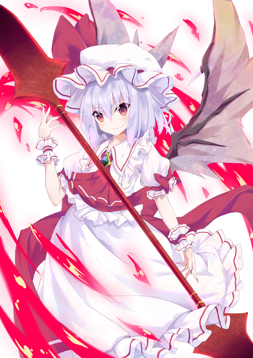 1girl ascot bat_wings blue_hair closed_mouth collar commentary_request cowboy_shot eyes_visible_through_hair fingernails fire frilled_collar frilled_skirt frilled_sleeves frills hair_between_eyes hat highres holding holding_polearm holding_weapon kurono_yuzuko light_blush long_fingernails long_skirt medium_hair mob_cap partial_commentary polearm puffy_short_sleeves puffy_sleeves red_ascot red_eyes red_nails remilia_scarlet sharp_fingernails shirt short_sleeves simple_background skirt smile solo standing touhou vampire weapon white_background white_collar white_headwear white_shirt white_skirt wings