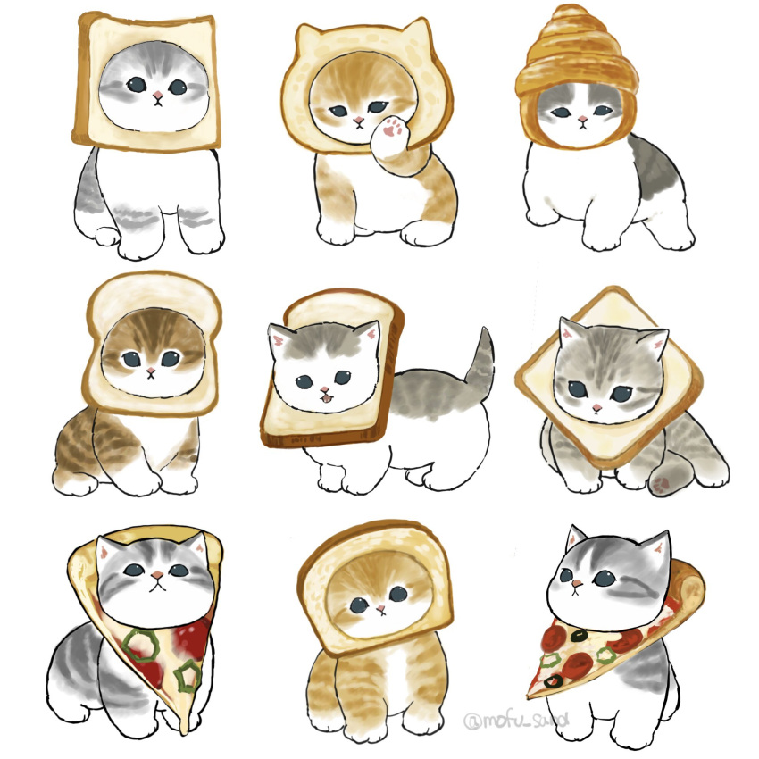 animal_focus artist_name blue_eyes bread cat closed_mouth croissant food grey_cat highres juno_(mofu_sand) looking_at_viewer no_humans original pizza simple_background sitting tabby_cat white_background