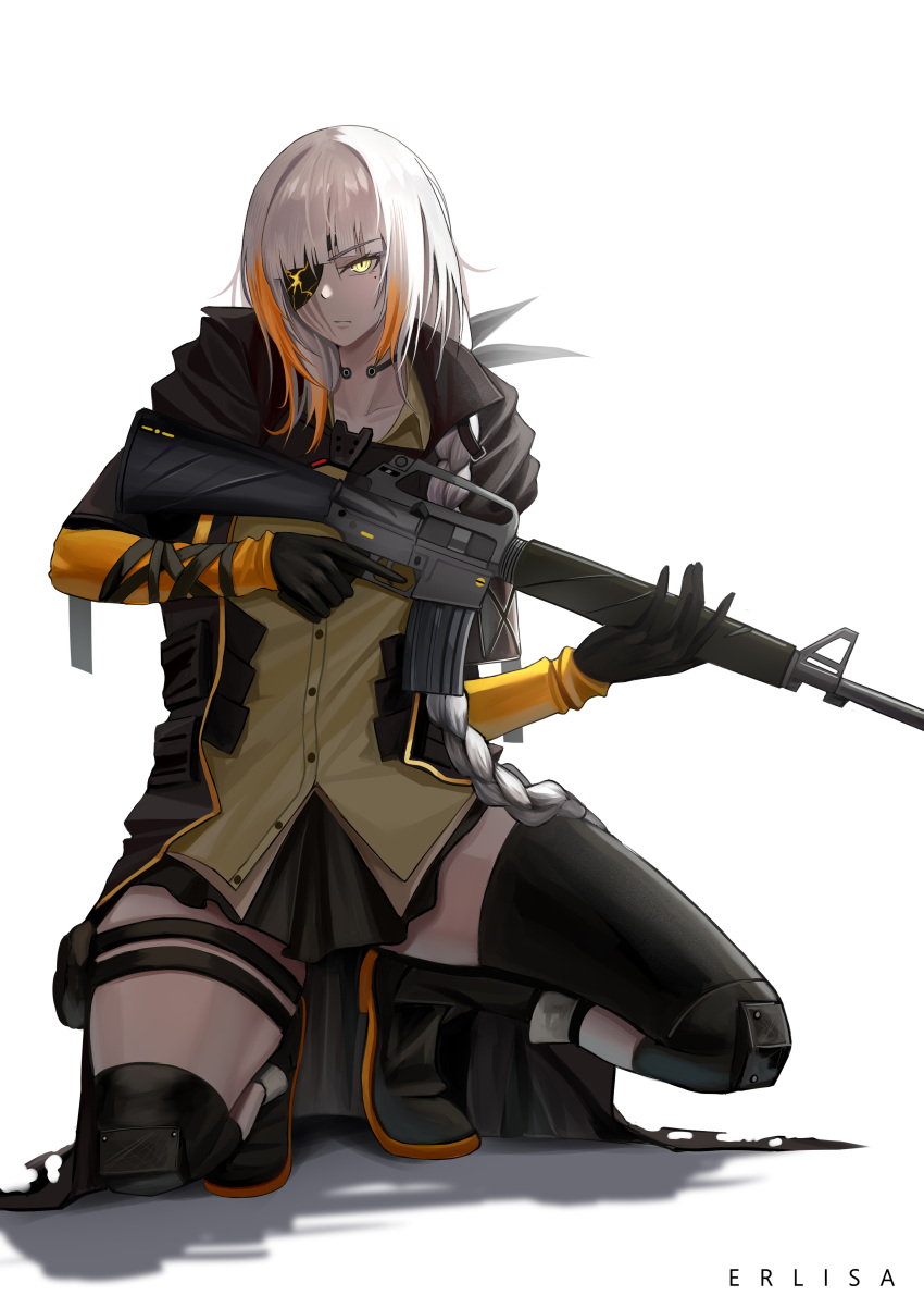 1girl absurdres artist_name assault_rifle braid braided_ponytail button_up_skirt collarbone erlisa_takanashi eyepatch girls_frontline glowing glowing_eye gun highres holding holding_gun holding_weapon hood hood_down hooded_coat m16a1 m16a1_(boss)_(girls'_frontline) m16a1_(girls'_frontline) rifle simple_background solo squatting thigh-highs weapon white_background white_hair yellow_eyes