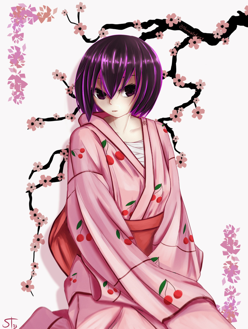 1girl absurdres alternate_eye_color alternate_hair_color artist_name bob_cut branch breasts cherry_blossoms cherry_print closed_mouth collarbone commentary dated english_commentary expressionless flower food_print hair_between_eyes hair_strand highres japanese_clothes kimono light_blush long_sleeves looking_at_viewer medium_breasts mixed-language_commentary monogatari_(series) on_ground oshino_ougi pink_flower pink_kimono purple_hair sarashi sbinnalatony short_hair signature sitting sleeves_past_fingers sleeves_past_wrists solo turning_head twitter_username very_long_sleeves violet_eyes wariza white_background wide_sleeves