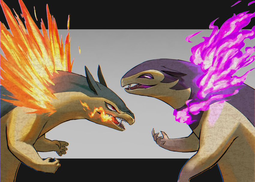 breathing_fire commentary_request eye_contact fire from_side futena_goze grey_background highres hisuian_typhlosion letterboxed looking_at_another no_humans open_mouth pink_fire pokemon pokemon_(creature) revision sharp_teeth teeth tongue typhlosion