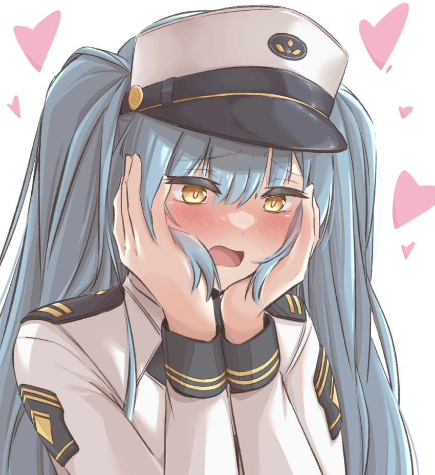 1girl blue_hair blush embarrassed goddess_of_victory:_nikke hands_on_own_cheeks hands_on_own_face hat heart highres jacket long_hair military military_hat military_uniform open_mouth peaked_cap privaty_(nikke) solo twintails uniazi_mikan uniform very_long_hair wavy_mouth white_headwear white_jacket yellow_eyes