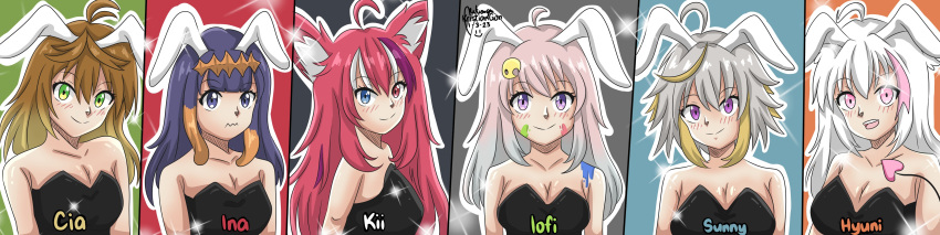 absurdres airani_iofifteen amicia_michella animal_ears demon_girl head_wings heart heart_tail highres hololive hololive_english hololive_indonesia hyuni_(character) indie_virtual_youtuber kitsui_akira kristiangon ninomae_ina'nis original owl_girl pink_eyes pink_hair playboy_bunny rabbit_ears tail white_hair wide_image wings