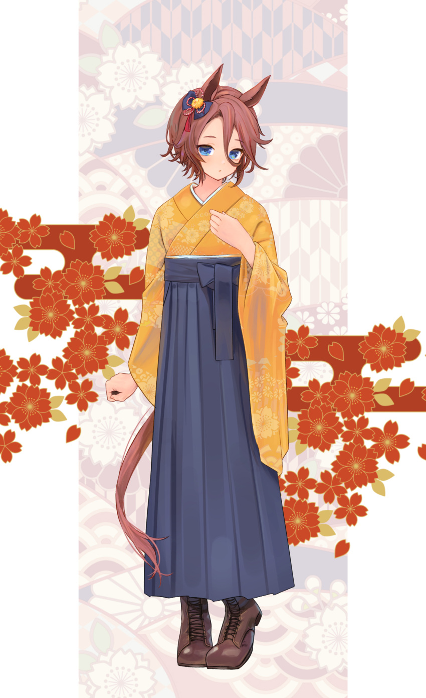 1girl :o alternate_costume animal_ears blue_eyes blue_skirt boots brown_footwear brown_hair ear_bow egasumi full_body hair_between_eyes hakama hakama_skirt heel_up highres horse_ears horse_girl horse_tail japanese_clothes katukodx kimono long_sleeves looking_at_viewer narita_taishin_(umamusume) sakuramon short_hair skirt solo standing tail umamusume wide_sleeves yagasuri yellow_kimono