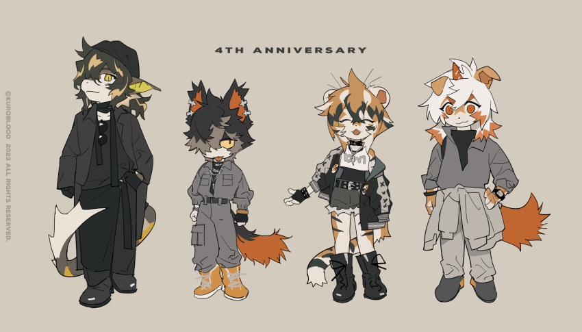 1girl 2023 3boys aak_(arknights) accessories anniversary arknights artist_name boots brown_background chibi closed_eyes dragon_boy fangs fins fish_boy fish_tail furry furry_female furry_male furry_with_furry hair_over_one_eye highres horns hung_(arknights) kuroblood lee_(arknights) looking_at_viewer looking_to_the_side multiple_boys mythological_creature simple_background single_horn smile sunglasses tail tiger_stripes tiger_tail tongue tongue_out waai_fu_(arknights) watch watch