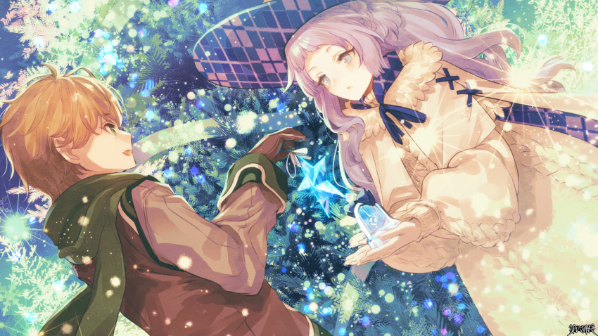 1boy 1girl bell braid brown_coat brown_gloves brown_hair christmas_tree coat copyright_name dairoku_ryouhei dutch_angle eye_contact gloves green_eyes green_scarf grey_eyes hat hetero highres holding_ornament kokuzu light_brown_hair long_hair long_sleeves looking_at_another plaid_headwear puffy_long_sleeves puffy_sleeves scarf seth_baldwin short_hair star_ornament totia_lulutia yellow_coat