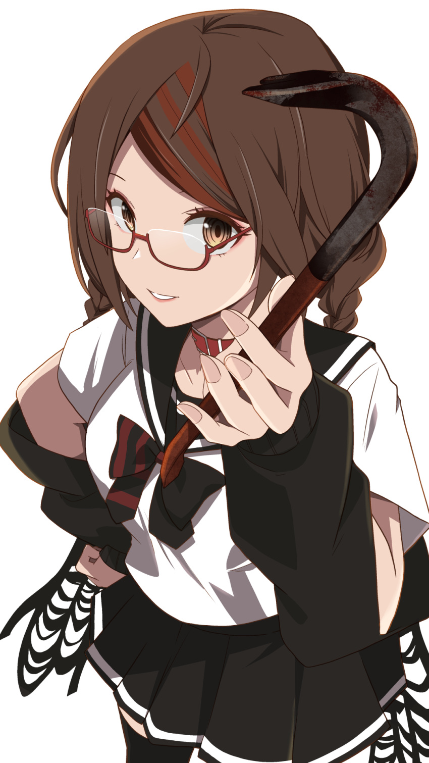 1girl arm_up black_bow black_sailor_collar black_skirt black_sleeves bow braid brown_hair choker commentary_request dead_mount_death_play detached_sleeves foreshortening from_above from_side glasses hand_on_own_hip hand_up highres holding holding_crowbar holding_weapon looking_at_viewer low_twin_braids multicolored_hair parted_lips pleated_skirt red-framed_eyewear red_bow red_choker redhead sailor_collar sakimiya_misaki semi-rimless_eyewear short_sleeves simple_background skirt sleeves_past_wrists solo streaked_hair striped striped_bow tonogai_yoshiki twin_braids under-rim_eyewear weapon white_background