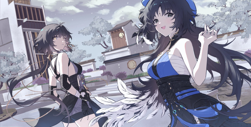 2girls architecture bandaged_arm bandaged_chest bandages belt black_hair blue_eyes dress earrings east_asian_architecture english_commentary feather_hair female_rover_(wuthering_waves) hat hat_ribbon highres jewelry long_hair looking_at_viewer looking_back mao_(expuella) multiple_girls plant ribbon shorts sleeveless smile tattoo tree wuthering_waves yangyang_(wuthering_waves) yellow_eyes