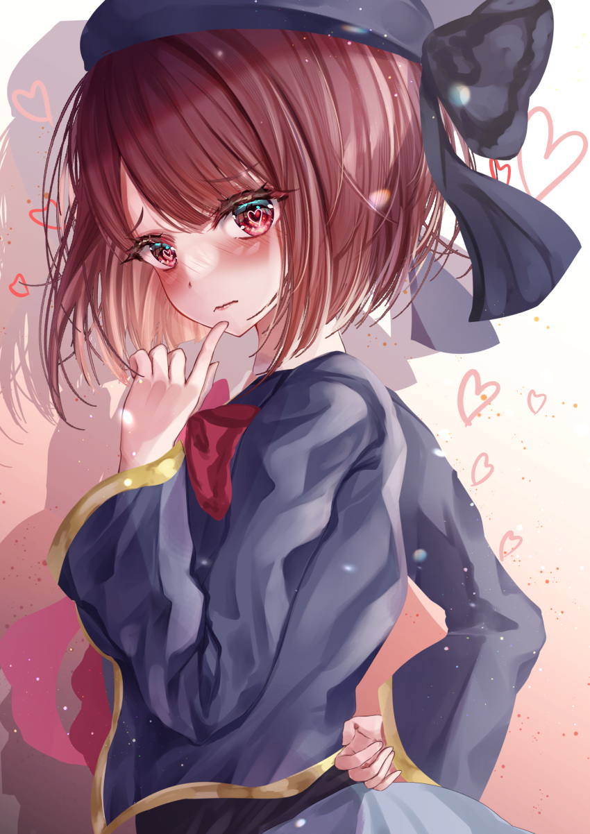 1girl arima_kana beret black_bow blue_headwear blue_jacket blush bob_cut bow closed_mouth commentary_request finger_to_own_chin grey_skirt hat heart heart-shaped_pupils highres jacket long_sleeves oshi_no_ko red_bow red_eyes redhead school_uniform shadow skirt solo symbol-shaped_pupils thdlyesf0ubp9d3 youtou_high_school_uniform