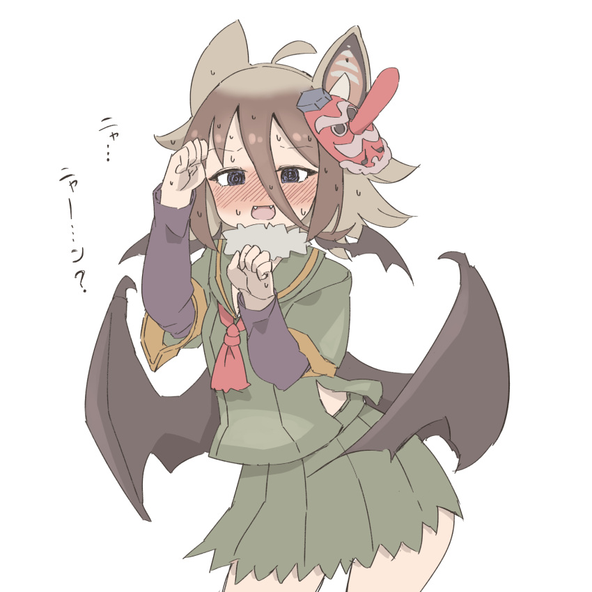 1girl @_@ animal_ears bat_ears bat_girl bat_wings blue_eyes blush brown_hair commentary_request cowboy_shot fangs fur_collar green_shirt green_skirt grey_hair hair_between_eyes highres hilgendorf's_tube-nose_bat_(kemono_friends) kemono_friends long_sleeves mask mask_on_head multicolored_hair necktie nose_blush open_mouth paw_pose pleated_skirt red_necktie sailor_collar school_uniform serafuku shirt short_hair short_sleeves skirt solo sweatdrop t-shirt tengu_mask torn_clothes tosake6 translation_request white_fur wings
