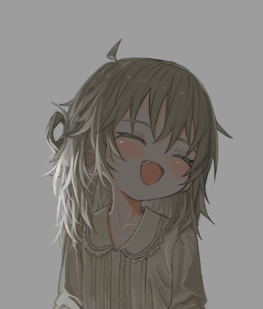 1girl ^_^ ahoge blush brown_shirt center_frills closed_eyes collarbone collared_shirt commentary_request facing_viewer fang frilled_shirt_collar frills grey_background hatoba_tsugu head_tilt highres kokaki_mumose light_brown_hair long_sleeves medium_hair messy_hair open_mouth shirt sidelighting simple_background single_hair_ring smile solo tsugu_(vtuber) upper_body virtual_youtuber