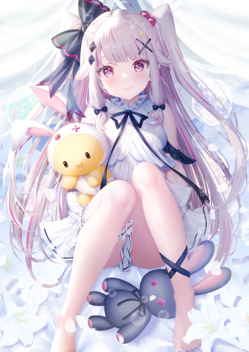 1girl ahoge barefoot black_bow bow dress hair_bow hair_ornament highres long_hair multicolored_hair nijisanji pink_eyes pink_hair smile solo streaked_hair stuffed_animal stuffed_rabbit stuffed_toy two_side_up white_dress white_hair x_hair_ornament yorumi_rena zzz_(zzz00166403zzz)