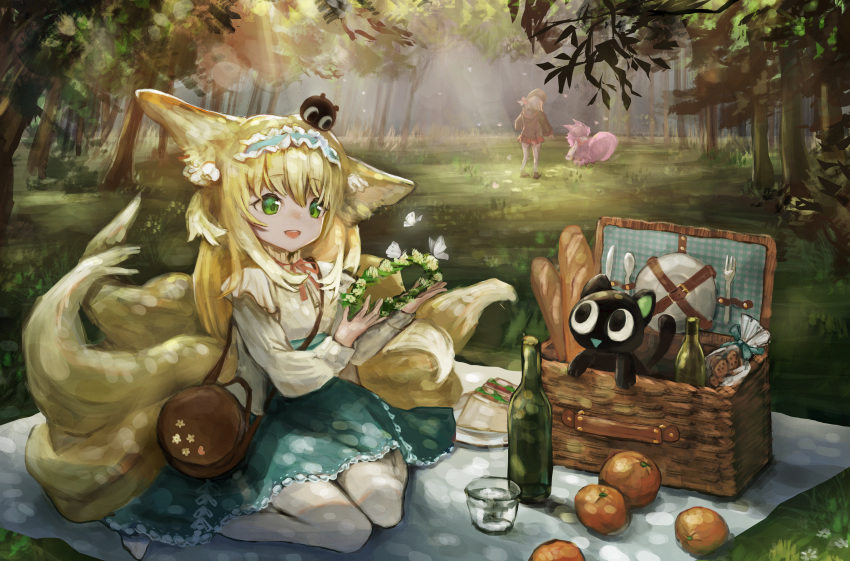 3girls absurdres animal_ear_fluff animal_ears arknights bag baguette black_cat blonde_hair blue_hairband blue_skirt bread brown_bag bug butterfly cardigan cat crossover flower_wreath food forest fox_ears fox_girl fox_tail frilled_hairband frills fruit glass_bottle green_eyes hair_ornament hair_scrunchie hairband handbag heixiu high-waist_skirt highres kitsune kuronouka kyuubi long_hair long_sleeves luo_xiaohei luo_xiaohei_zhanji multicolored_hair multiple_girls multiple_tails nature neck_ribbon official_alternate_costume on_head open_mouth orange_(fruit) outdoors picnic popukar_(arknights) red_ribbon ribbon round_bag sandwich scrunchie shamare_(arknights) shoulder_bag skirt smile solo_focus suzuran_(arknights) suzuran_(spring_praise)_(arknights) tail teeth two-tone_hair upper_teeth_only white_butterfly white_cardigan white_hair
