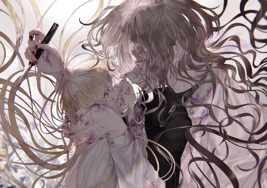 1boy 1girl age_difference androgynous bishounen black_shirt blonde_hair closed_eyes couple dress face-to-face grey_hair hetero highres holding holding_knife jacket knife looking_at_another msa_(fary_white) open_clothes open_jacket open_mouth original paint_stains shirt slit_pupils smile violet_eyes wavy_hair white_dress white_jacket