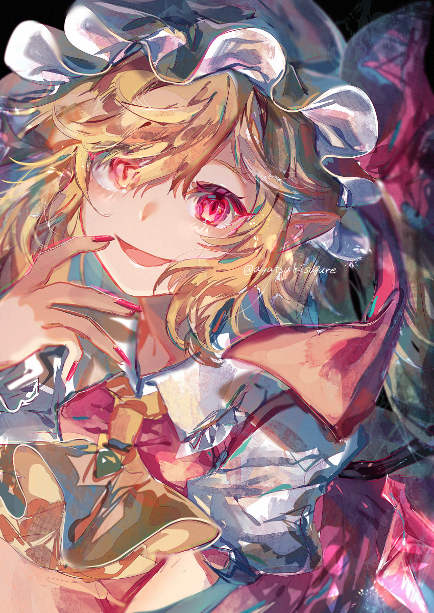 1girl :d absurdres artist_name ascot ayatsuki_sugure blonde_hair bow collar crystal dress eyes_visible_through_hair flandre_scarlet hair_between_eyes hand_up hat hat_bow highres jewelry looking_at_viewer mob_cap one_side_up open_mouth pink_eyes puffy_short_sleeves puffy_sleeves red_bow red_dress red_nails shadow shirt short_hair short_sleeves smile solo touhou white_headwear white_shirt wings yellow_ascot