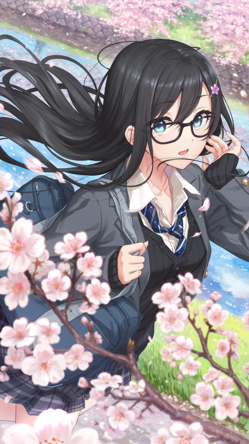 1girl absurdres bag black-framed_eyewear black_cardigan black_hair blue_eyes blue_necktie branch cardigan cherry_blossoms collared_shirt commentary_request diagonal-striped_necktie dress_shirt floating_hair flower glasses grey_skirt hair_flower hair_ornament hairclip hand_up highres kamome_yuu long_hair long_sleeves looking_at_viewer necktie original parted_lips pink_flower plaid plaid_skirt pleated_skirt purple_flower river school_bag school_uniform shirt skirt sleeves_past_wrists solo very_long_hair water white_shirt