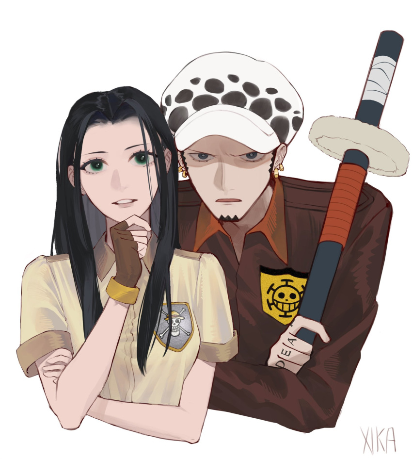 1boy 1girl alternate_costume artist_name black_hair earrings facial_hair finger_tattoo goatee hand_on_own_chin hand_tattoo hat highres holding holding_sword holding_weapon jesssssicaz jewelry jolly_roger long_hair looking_at_viewer multiple_earrings nico_robin one_piece short_hair sideburns simple_background smile sword tattoo trafalgar_law weapon white_background