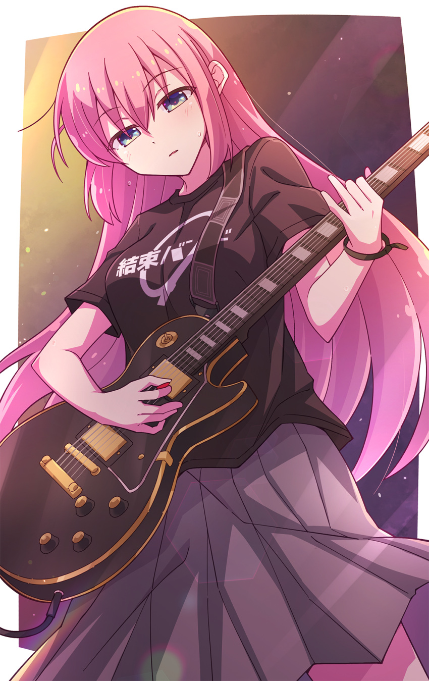 1girl black_shirt blue_eyes bocchi_the_rock! breasts clothes_writing e20 electric_guitar gotou_hitori grey_skirt guitar hair_between_eyes highres holding holding_instrument instrument long_hair medium_breasts parted_lips pink_hair pleated_skirt shirt short_sleeves skirt solo sweat very_long_hair