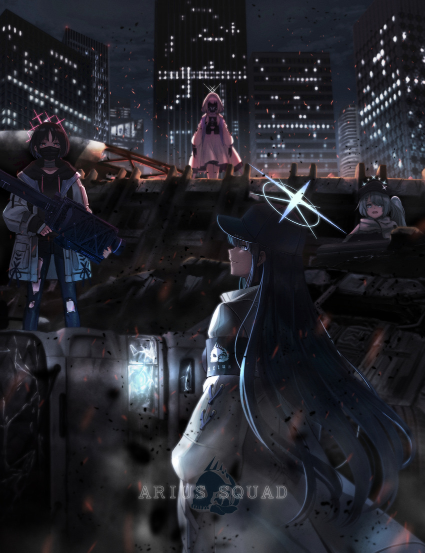 4girls armband asymmetrical_bangs atsuko_(blue_archive) bandaged_neck bandages baseball_cap black_gloves black_hair black_headwear black_hoodie black_mask blue_archive blue_eyes building city cityscape commentary dress embers english_commentary english_text eyes_visible_through_hair facing_viewer fim-92_stinger gas_mask gloves glowing green_hair grin ground_vehicle hair_between_eyes hair_ornament hair_over_one_eye hairclip halo hat highres hiyori_(blue_archive) holding holding_rocket_launcher holding_weapon hood hood_up hooded_jacket hoodie jacket jwoo light long_hair long_sleeves looking_at_viewer mask misaki_(blue_archive) motor_vehicle mouth_mask multiple_girls night open_clothes open_jacket open_mouth pink_hair red_eyes rocket_launcher rubble saori_(blue_archive) scarf short_hair side_ponytail sidelocks smile standing surgical_mask torn_clothes truck weapon white_dress white_jacket white_scarf wreckage
