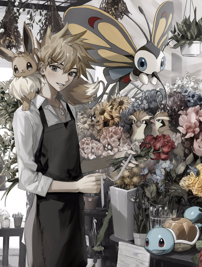 1boy alternate_costume apron beautifly bird blue_oak blush brown_eyes brown_hair collared_shirt eevee flower hair_between_eyes hair_ornament highres holding holding_flower jewelry looking_down male_focus necklace pidgey plant pokemon pokemon_(creature) potted_plant red_flower ribbon rose sekaiitinoki shirt short_hair sleeves_past_elbows smile spiky_hair squirtle standing watering_can x_hair_ornament