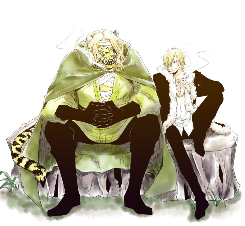 2boys animal_ears black_gloves blonde_hair cigarette closed_mouth curly_eyebrows fangs full_body gloves hair_over_one_eye highres holding holding_cigarette lion_ears looking_at_another male_focus medium_hair multiple_boys one_piece open_mouth orange_hair pedro_(one_piece) sanji_(one_piece) short_hair sitting smile tail winter44t
