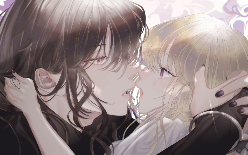 1boy 1girl absurdres age_difference androgynous bishounen black_nails black_shirt blonde_hair bridal_gauntlets couple dress eye_contact face-to-face grey_eyes grey_hair hair_between_eyes hetero highres hug imminent_kiss key long_hair looking_at_another mouth_hold msa_(fary_white) open_mouth original shirt slit_pupils violet_eyes white_dress