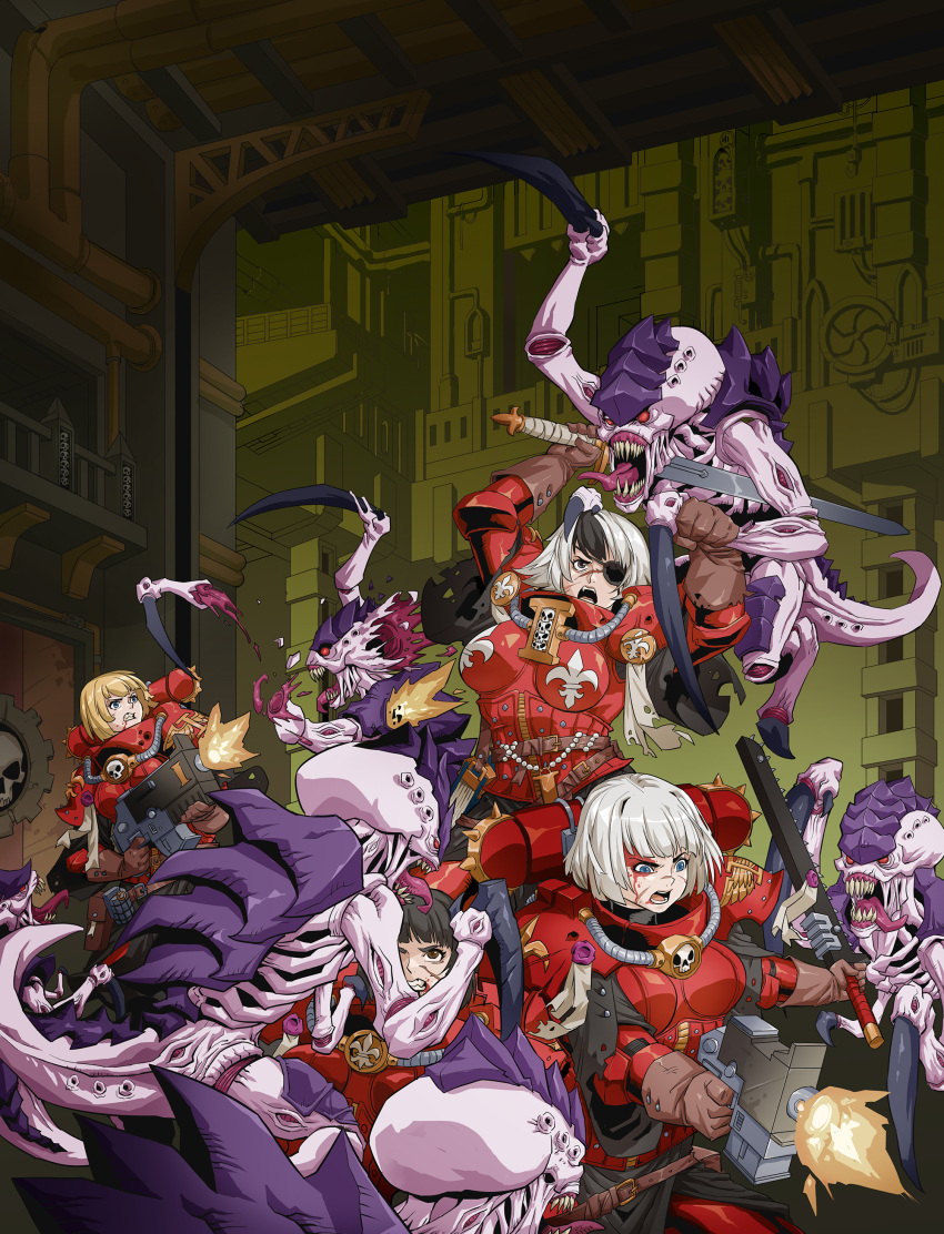 4girls absurdres adepta_sororitas alien battle black_claws black_hair blonde_hair blood blood_on_face blue_eyes bolter boobplate chainsword claws commentary dismemberment dual_wielding english_commentary eyepatch firing grey_hair highres holding holding_sword holding_weapon huge_claws in_the_face multiple_girls multiple_others muzzle_flash one-eyed pale_skin power_armor purity_seal red_armor rmulderz scar scar_across_eye scar_on_cheek scar_on_face severed_limb sharp_teeth surrounded sword teeth tyranid tyranid_warrior warhammer_40k weapon