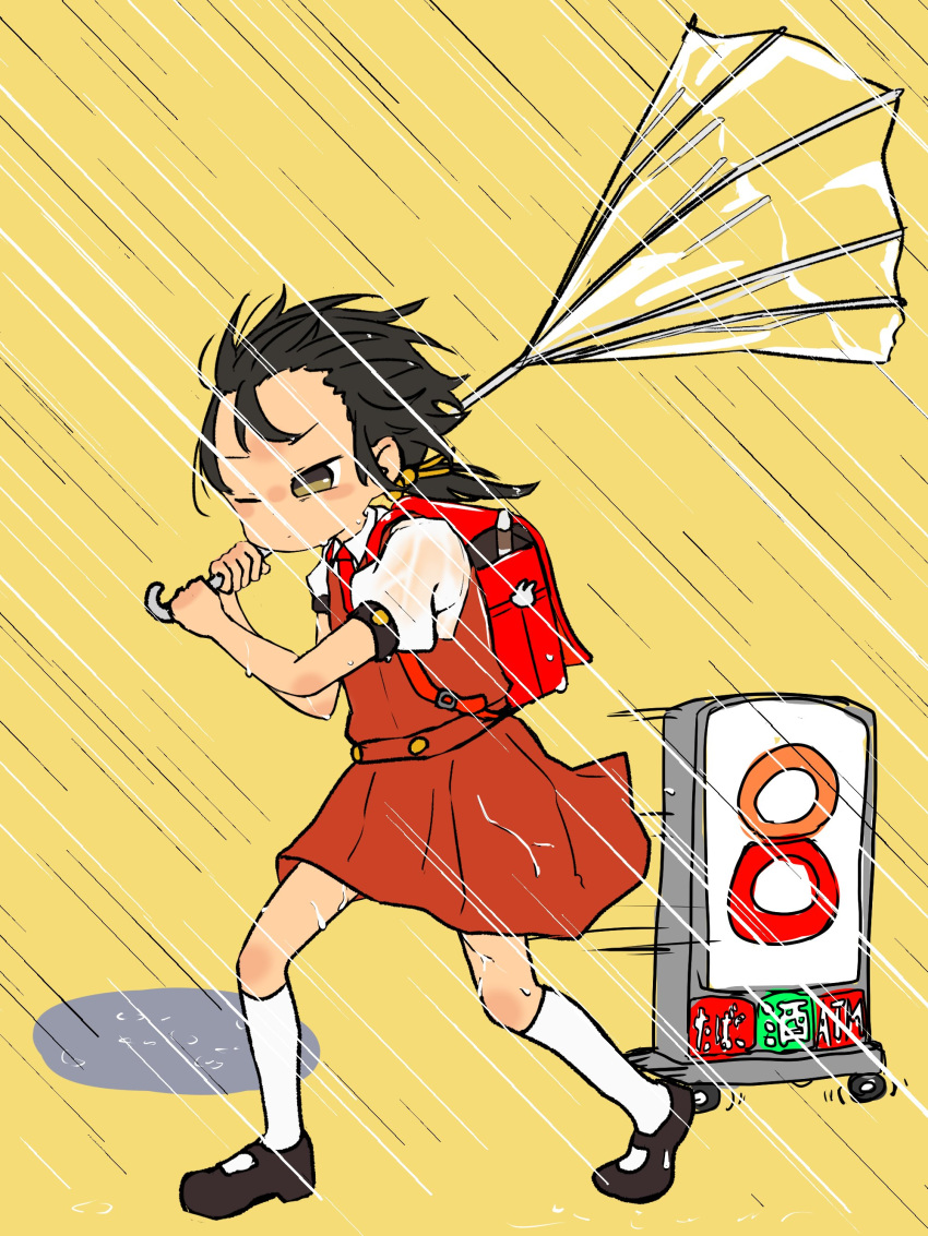 1girl 7-eleven absurdres backpack bag bag_charm black_footwear black_hair blush broken broken_umbrella brown_eyes charm_(object) closed_mouth commentary dress dress_shirt elbow_blush floating_hair forehead_blush hair_ribbon hair_slicked_back hair_strand hand_blush highres holding holding_umbrella inside-out instrument kaai_yuki knee_blush kneehighs kyoufuu_all_back_(vocaloid) low_twintails mary_janes messy_hair motion_lines narrowed_eyes no_fice nose_blush one_eye_closed pinafore_dress puddle puffy_short_sleeves puffy_sleeves pursed_lips rabbit_symbol rain randoseru recorder red_bag red_dress ribbon see-through see-through_shirt shirt shoes short_sleeves sign simple_background sleeveless sleeveless_dress socks solo spread_legs struggling translated transparent transparent_umbrella twintails two-handed umbrella v-shaped_eyebrows v-shaped_eyes walking wet wet_clothes wet_hair white_shirt white_socks wind yellow_background yellow_ribbon