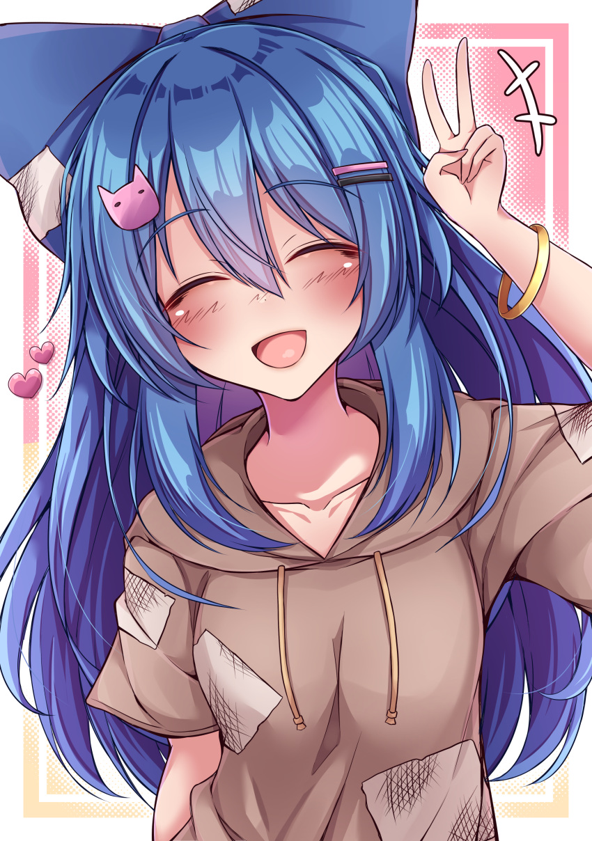 1girl absurdres blue_bow blue_hair blush bow bracelet closed_eyes commentary_request hair_between_eyes hair_bow hair_ornament hairpin heart highres hood hoodie jewelry long_hair open_mouth short_sleeves siw0n smile solo touhou upper_body v yorigami_shion