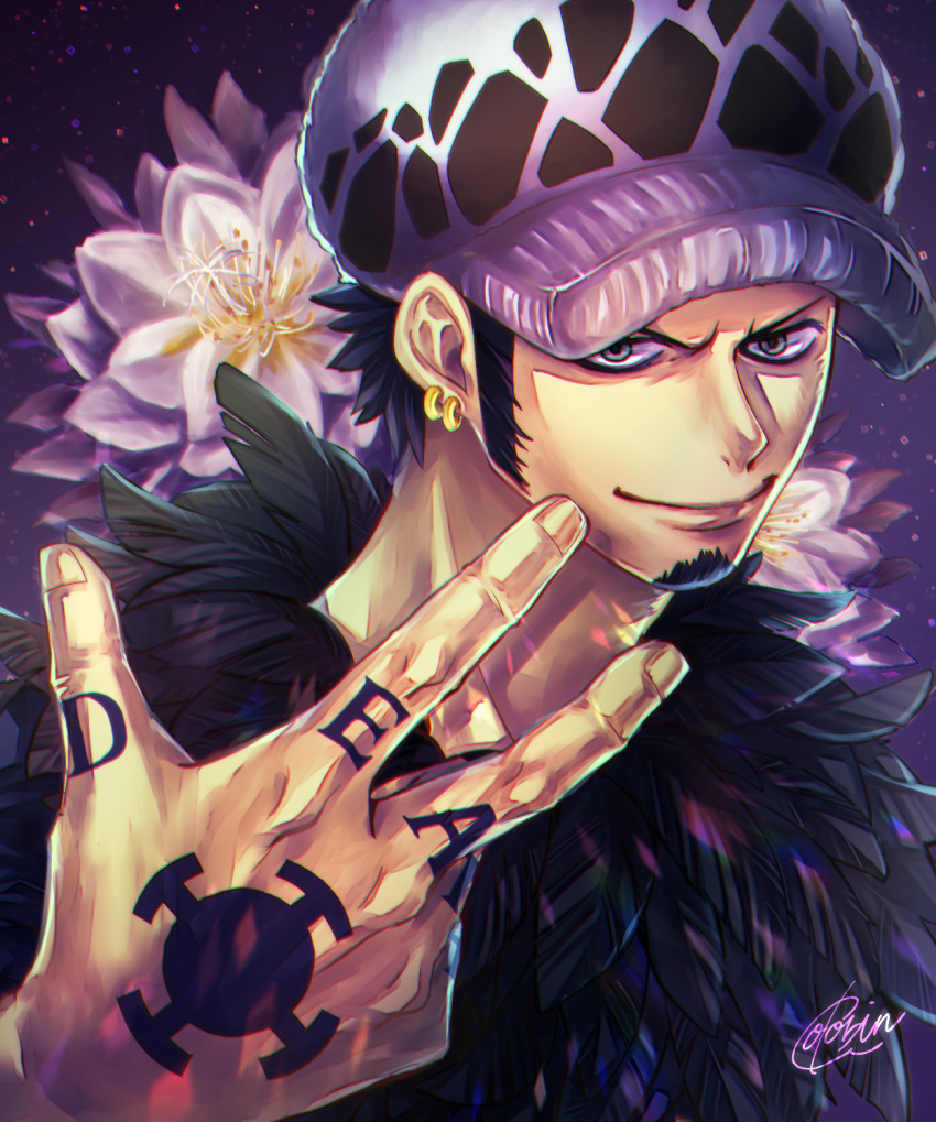 1boy black_hair earrings facial_hair feather_coat finger_tattoo fingernails flower goatee grey_eyes hand_tattoo hat highres jewelry long_sideburns lotus male_focus multiple_earrings one_piece panther_print pen_ta_gram purple_background short_hair sideburns signature smile solo tattoo trafalgar_law white_flower white_headwear white_lotus