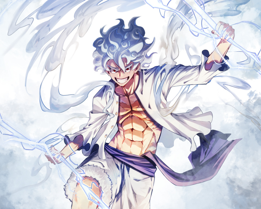 1boy abs absurdres arm_up buttons cloud_hair clouds collarbone commentary curly_eyebrows curly_hair energy english_commentary frilled_sleeves frills fur-trimmed_shorts fur_trim gear_fifth grin hair_between_eyes highres jacket lightning long_sleeves looking_at_viewer male_focus monkey_d._luffy one_piece open_clothes open_jacket pectorals purple_sash red_eyes sash scar scar_on_cheek scar_on_chest scar_on_face shorts simple_background smile solo sumutemu teeth v-shaped_eyebrows white_background white_hair white_jacket white_shorts