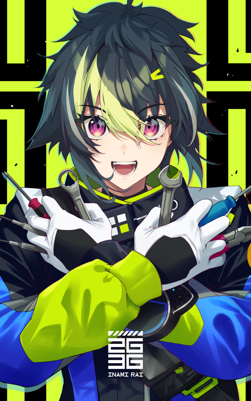 1boy black_hair commentary_request fukai_ryosuke gloves green_hair highres holding holding_screwdriver holding_wrench inami_rai jacket long_sleeves looking_at_viewer male_focus multicolored_hair nijisanji official_art open_mouth pink_eyes screwdriver smile solo streaked_hair virtual_youtuber white_gloves wrench